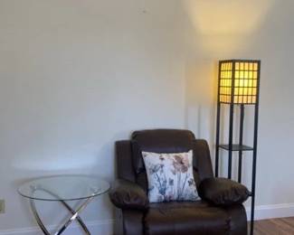 Relaxing Chair, Glass Side Table And Lantern Floor Lamp