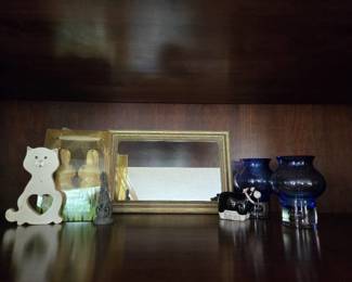 Lot of Shelf Decor- Wooden Heart Cat, Bunny Figurines, (2) Blue Decorative Vases, Black Sheep, Small Mirror