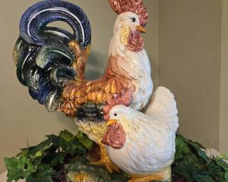 Ceramic Rooster and Hen Statue 16.5in