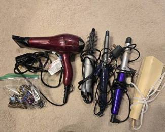 Hair Tools- Blow Dryer, Curling Iron, Curling Iron Brush, Bag of Hair Accessories (Bobby Pins and Hair Clips)