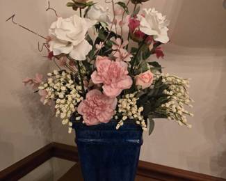 Pink Faux Flowers in a Blue Ceramic Vase
