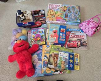 Lot of Kids Toys- Elmo, Candy Land, Disney Books, Mickey Mouse, Pink I-Dog in Purse, Barney DVD's