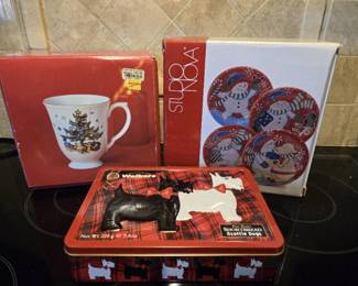 Christmas Dishes (Christmas Tree Mug and Snow Man Plates) and Decorative Scottie Dogs Tin