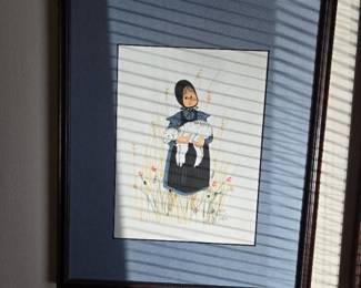 P Buckley Moss Print - Girl Holding Lamb in Wildflower Field15.25in x 12.75in.