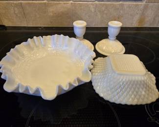 Milk Glass Lot (Candle Holder and Serving Dishes)