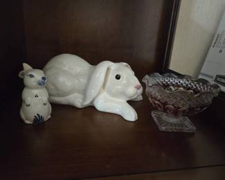 Porcelain "Holand" Bunny, White Rabbit Figurine, Cranberry Glass Dish with Gold Rim