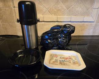 Kitchen Lot Stainless Steel Thermos, Bunny Holder, Spanish Villa Ash Tray and Black Ash Tray