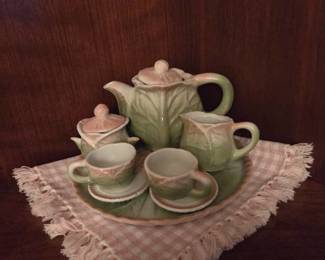 Pink and Green Cabbage Tea Set (Teapot, (2) Teacups, Cream and Sugar)