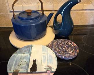 Kitchen Lot Copco Blue Tea Kettle, Rachel Ray Oil Dispenser and 7in. Black Cat Coaster