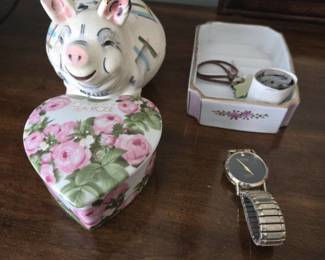 Geneva Hong Kong Diamond Quartz Watch, Heart Floral Tin, Gold Trimmed Trinket Dish with Floral Design in the Middle, Chinese Inspired Ceramic Piggy Bank