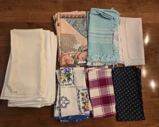 Linens, Burgundy Plaid, Whie, Blue Floral, Peach/ Pink Floral