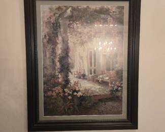 Floral Courtyard Painting in a Black Picture Frame 36.25in x 29in