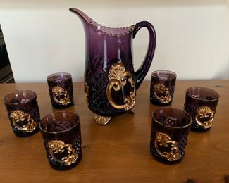 Rare 1897 Amethyst gold Croesus Pitcher with 6 glasses