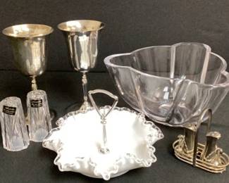 Fenton Candy Dish, Mikasa Bowl, Siler Plated Goblets,Noritake Salt Pepper, Silver Plated Salt pepper