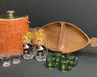 Vintage Ice Bucket, Polynesian Wooden Bowl, Poncho Glasses, PAC MAN Mug, Barrel Shot Clear Glasses