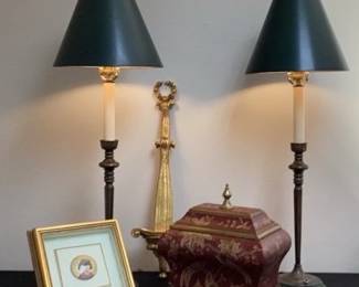 Edna Hibel Art, 2 Candlestick Table Lamps, Gold tone Plate Holder, Wood Box