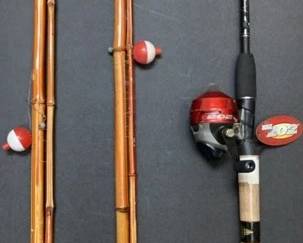 Vintage Bamboo Cane Fishing Rods with Hook Bobber, Zebco 202 new Fishing Rod, Tackle Box