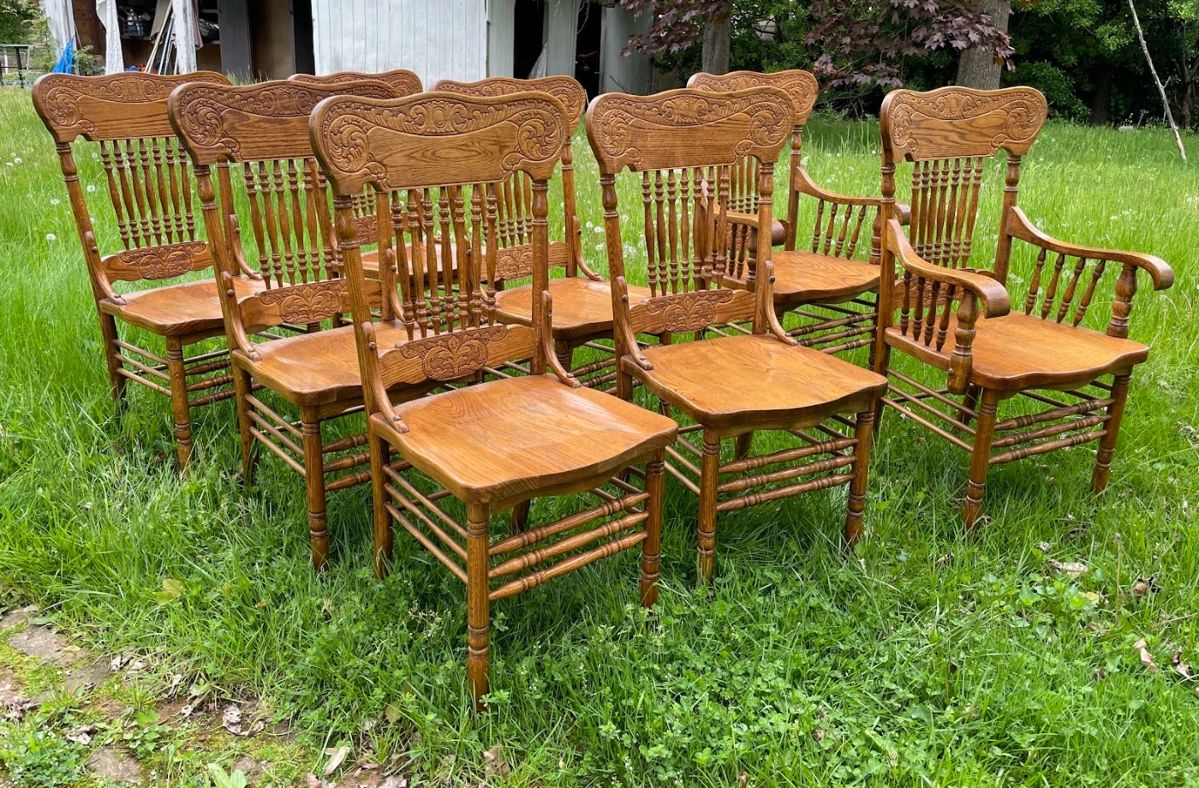 Vintage Mona Liza Furniture Handcrafted Oak Press Back Dining Chairs - Set of 8