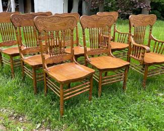 Vintage Mona Liza Furniture Handcrafted Oak Press Back Dining Chairs - Set of 8