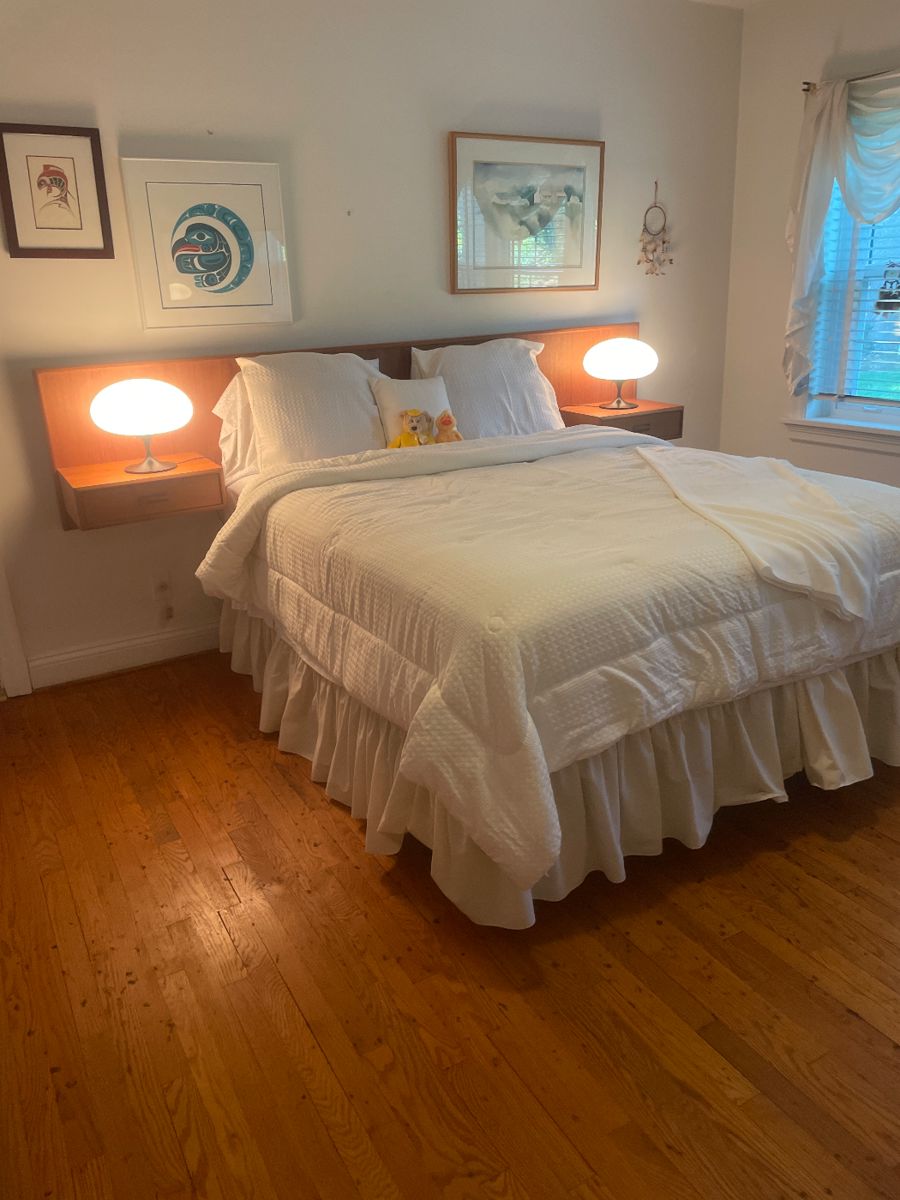 Midcentury Modern Queen Floating Headboard  $3500.00  Laurel Mushroom  Table Lamps $475/ea.