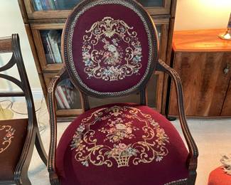 Vintage Needlepoint and Brass Tack Upholstered Arm Chair