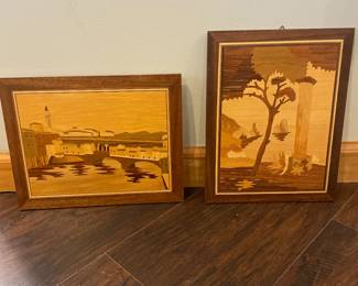Vintage Wood Marquetry Inlay Picture Art Scenic Town Italy Inlaid