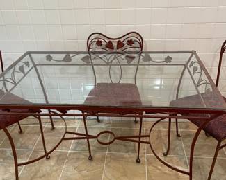 Vintage Woodard Style Wrought Iron Patio Set Glass Top Table with 4 Chairs