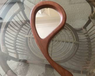 Vintage Wooden Handheld Vanity Mirror MCM Retro Teak Wood
