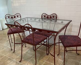 Vintage Woodard Style Wrought Iron Patio Set Glass Top Table with 4 Chairs