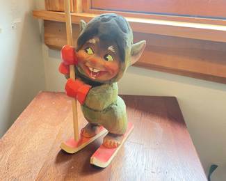 Vintage Hand Carved Ski Troll Norway Wood Carving Folk Art Gnome Skiing Henning