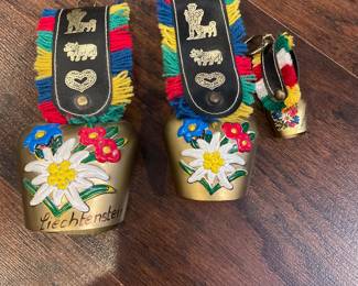 Vintage Swiss Switzerland Cow Goat Sheep Bell Embroidered Strap Musee Baud - Set of 3 -