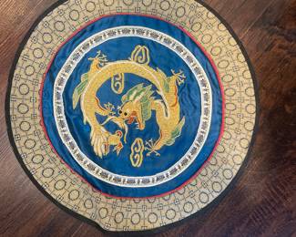 Vintage Embroidered Chinese Asian Silk Round Dragons Dun Huang Beijing 11.5"