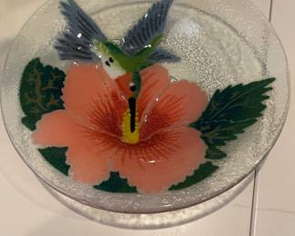 Vintage Peggy Karr Fused Glass Platter Plate Hummingbird Hibiscus