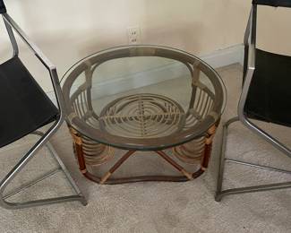 Mid Century Rattan Round Coffee Table With Glass Top