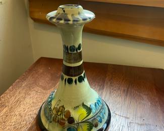 Vintage Tonala Ceramic Pottery Candlestick Holder, Hand Painted and Signed, Mexican Folk Art