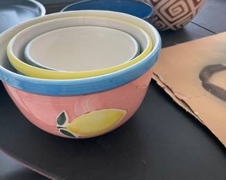 Lillian Vernon 3 Nesting Bowls Ceramic Lemons Apples Grapes Mixing Serving