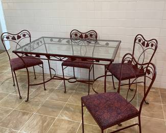 Vintage Woodard Style Wrought Iron Patio Set Glass Top Table with 4 Chairs