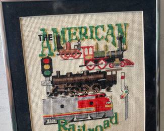 "The American Railroad" Cross-stitch Needlepoint Train Car Locomotive Framed