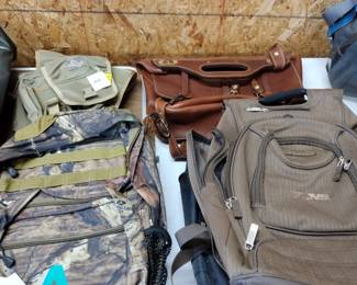 Back packs, attache, garment bags, fishing bags, hunting bags, and hunting/fishing jackets