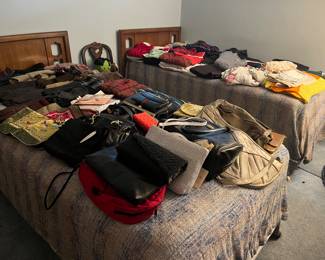 twin beds, clothing, handbags