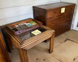 glass topped table, art deco dresser