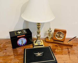 Brass Lamp with Army Insignia, Sergeant's Major Academy Clock with Pen