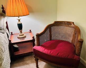 Caned Arm Chair, Side Table, Stiffel Lamp (one of two)