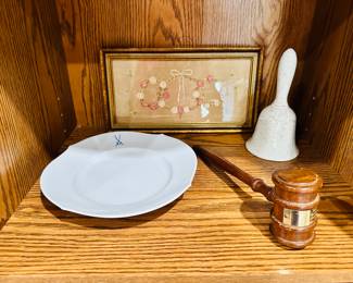 Meissen Plate, Antique Needlepoint (1800's), Gavel (crafted of wood from Newton Co. First Court House early 1900)