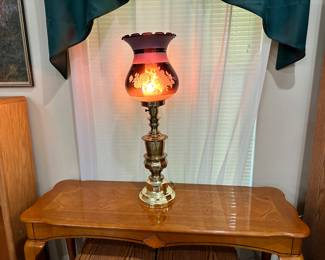 Cranberry Glass Etched Globe and Brass Lamp