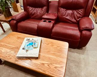 Red Leather Electric Reclining Sofa, Oak Coffee Table