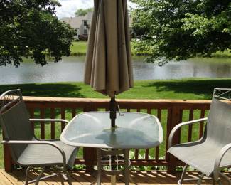 Outdoor, patio, pub table chairs, and umbrella with base, complete set