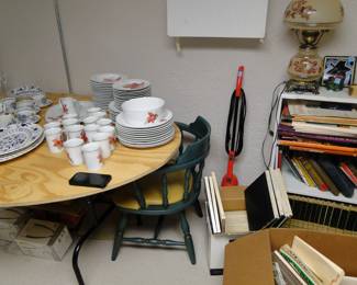 Very nice oval table which is handmade, and Christmas serving pieces