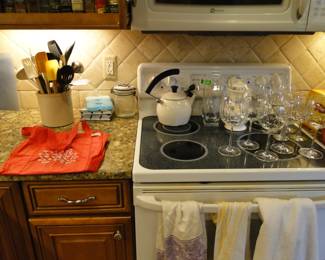 Stemware, towels, and a nice tea kettle