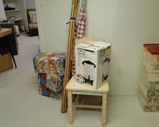 Party percolator, fabric, and some holiday catering boxes